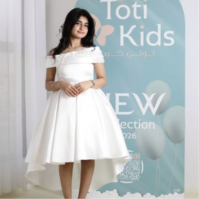 صورة فستان بناتي أبيض أوف شولدر | فستان هاي لو للأفراح - M3750